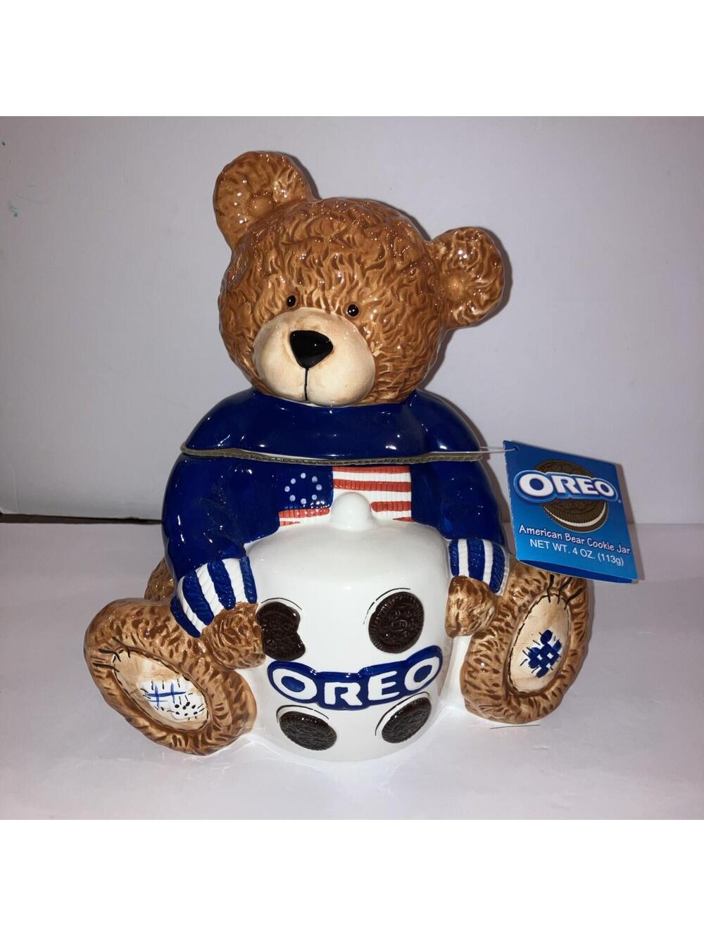 VINTAGE 2002!OREO Teddy Bear Cookie Jar Patriotic Flag 6th in Series NEW W/Tags